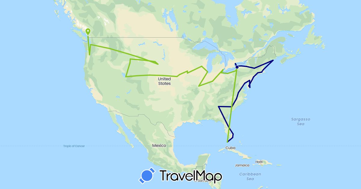 TravelMap itinerary: driving, electric vehicle in Canada, United States (North America)